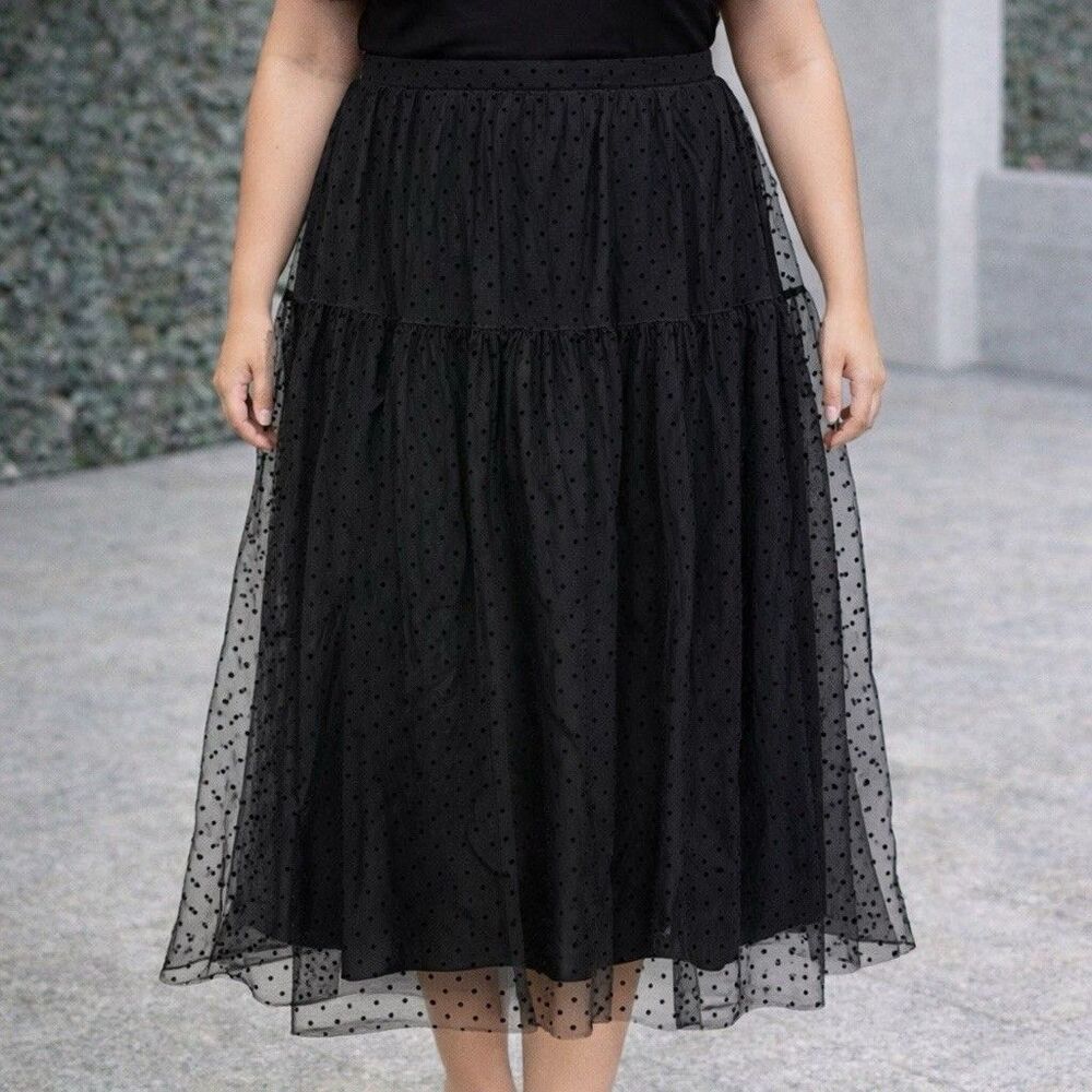 H&M Black Tulle Polka Dot Midi Skirt Size 10 Romantic Gothic Cottagecore Sheer